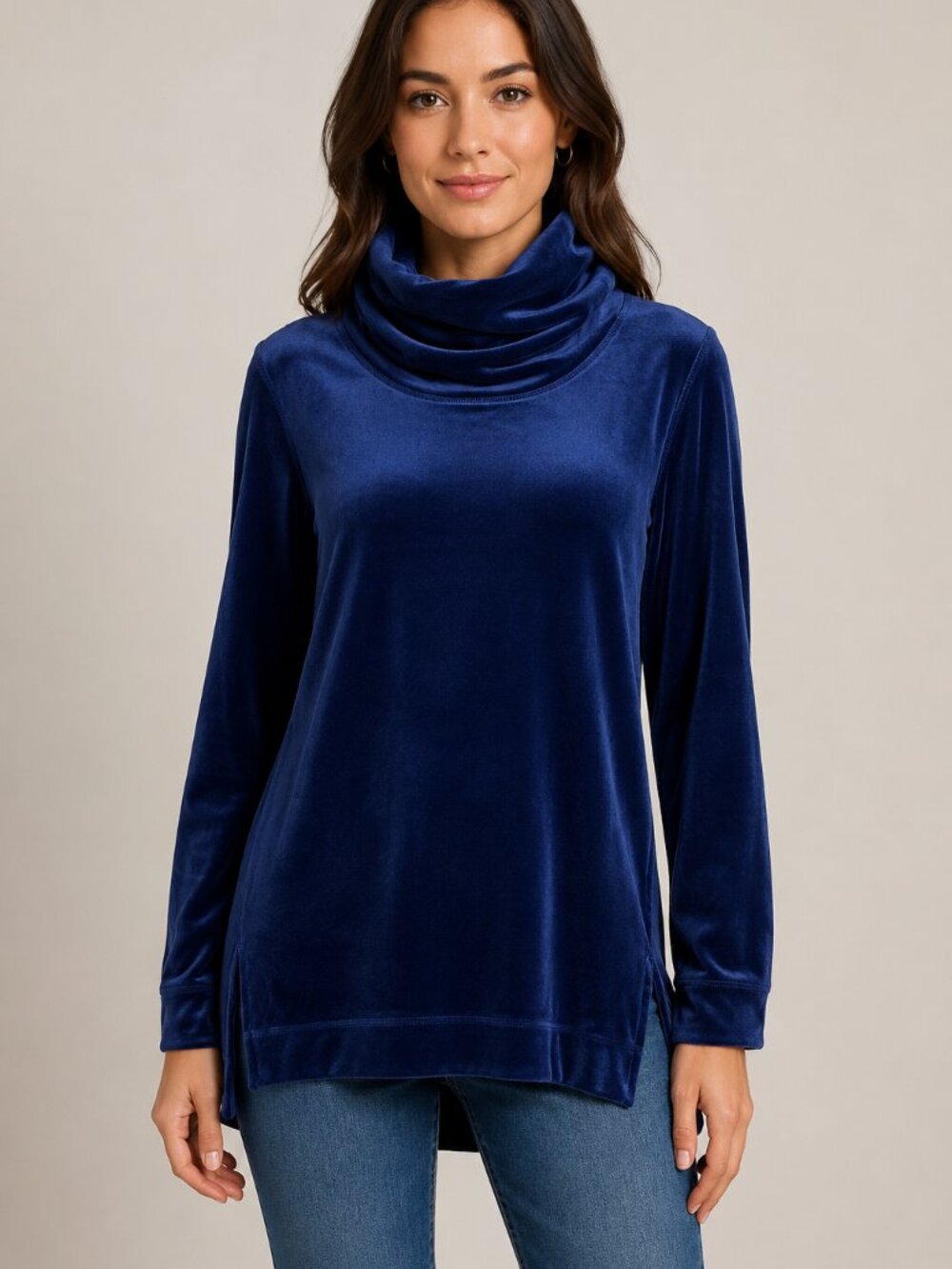 Magaschoni Navy Velour Cowl Neck High Low Tunic Top Women’s S Petite